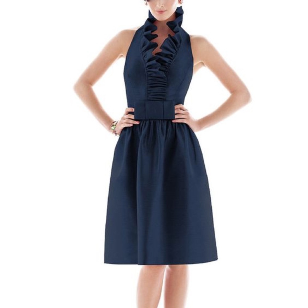 ALFRED SUNG Ruffled Halter Neck Sleeveless Cocktail Dress Sz 6 In Midnight